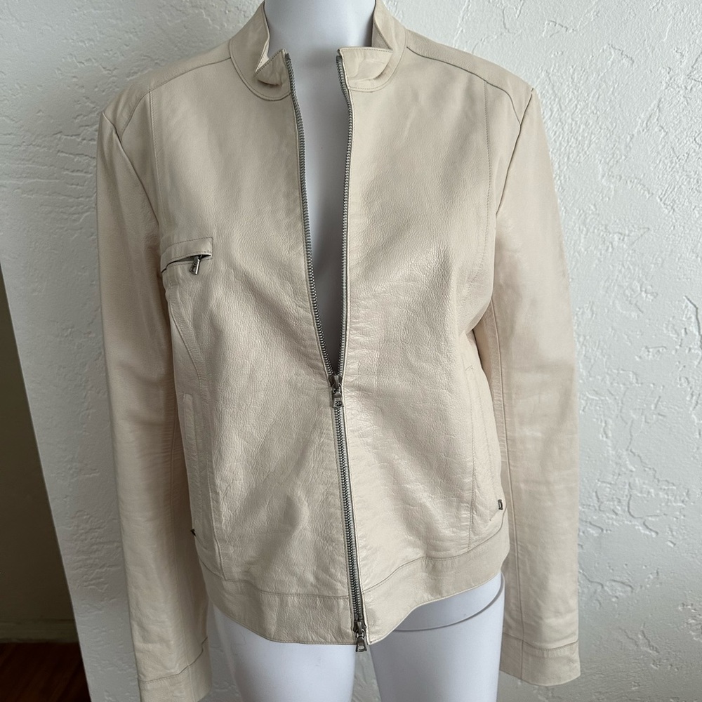 Cream Leather Fitted Moto Jacket